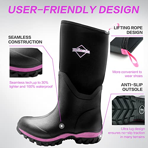 Hellorain Seamless Rubber Rain Boots For Women,6 Mm Neoprene Mid Calf Waterproof Snow Boots,Insulated Mud Work Boots For Girl Gardening,Farming,Hiking Fishing Shoes (Pink,9) #TOP3