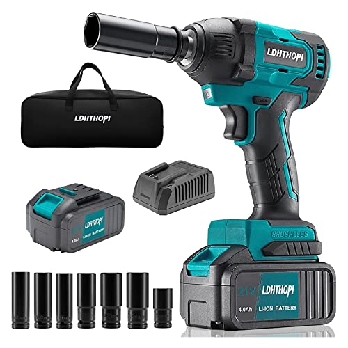 LDHTHOPI 1/2 Inch Cordless Impact Wrench, 21V 370 Ft-lbs High Torque Impact Driver Kit with LED, 4.0Ah Li-ion Batteries with Fast Charger, 7 Sockets, Power Impact Wrench for Car and Home Repairing