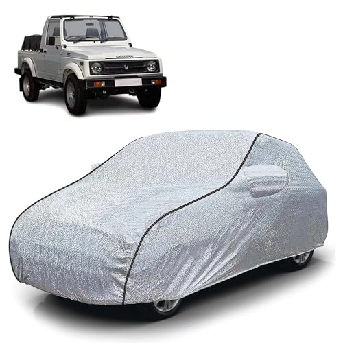 Image of Sulfar 100% Waterproof Car Body Cover Compatible with Mirror for Maruti Suzuki Gypsy (Triple Stitched, Full Bottom Elastic, Magic Silver with Black Piping)