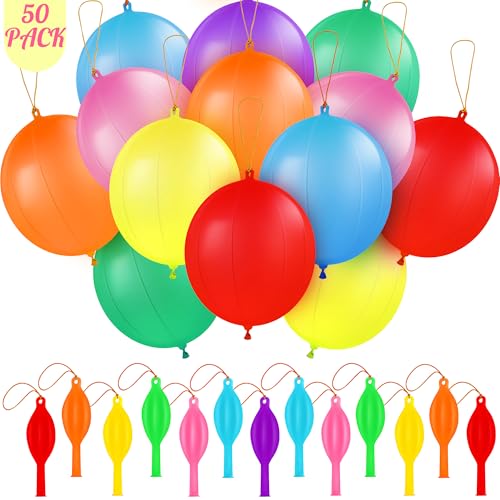 50 Piezas Globos Grandes de Perforación con Banda Elástica, 40 cm Globos Punch Ball de Alta Elasticidad, Globo de Látex Alta Elástica Colores, Juguetes para Cumpleaños Bodas Fiestas, Juegos al Aire
