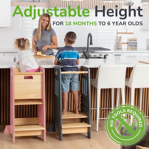 Toddler Tower with a Sliding Door and 3 Adjustable Heights - Complete Toddler Kitchen Stool Helper with Support Feet - Safe Design for 18+ Months to 6-Year-Old Kids - Pink