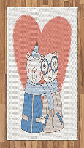 Lunarable Hearts Area Rug, Bear Couple Tied Together with Winter Scarf Holding Hands in Front of Heart Image, Flat Woven Accent Rug for Living Room Bedroom Dining Room, 2' 6' x 5', Multicolor