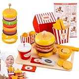 DAJASD Küchenspielzeug Lebensmittel Spielzeug für Kinder, Hamburger Küchenspielzeug, Kinderküche Zubehör Holz Burger Pommes, Rollenspiele Geschenk Kinder Spielzeug ab 3-14 Jahre