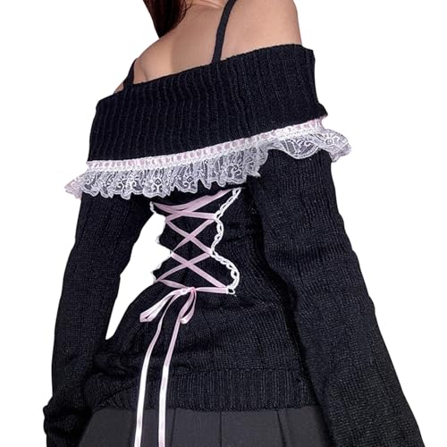 Image of Y2k Off The Shoulder Sweater for Women Lolita Cute Bow Front Lace Trim Knit Pullover Kawaii Long Sleeve Jumper Tops