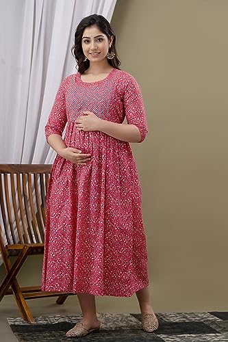 Image of Maternity Feeding Kurti for Women | Cotton Blend Anarkali Dress with Nursing Zip for Pre & Post Pregnancy
