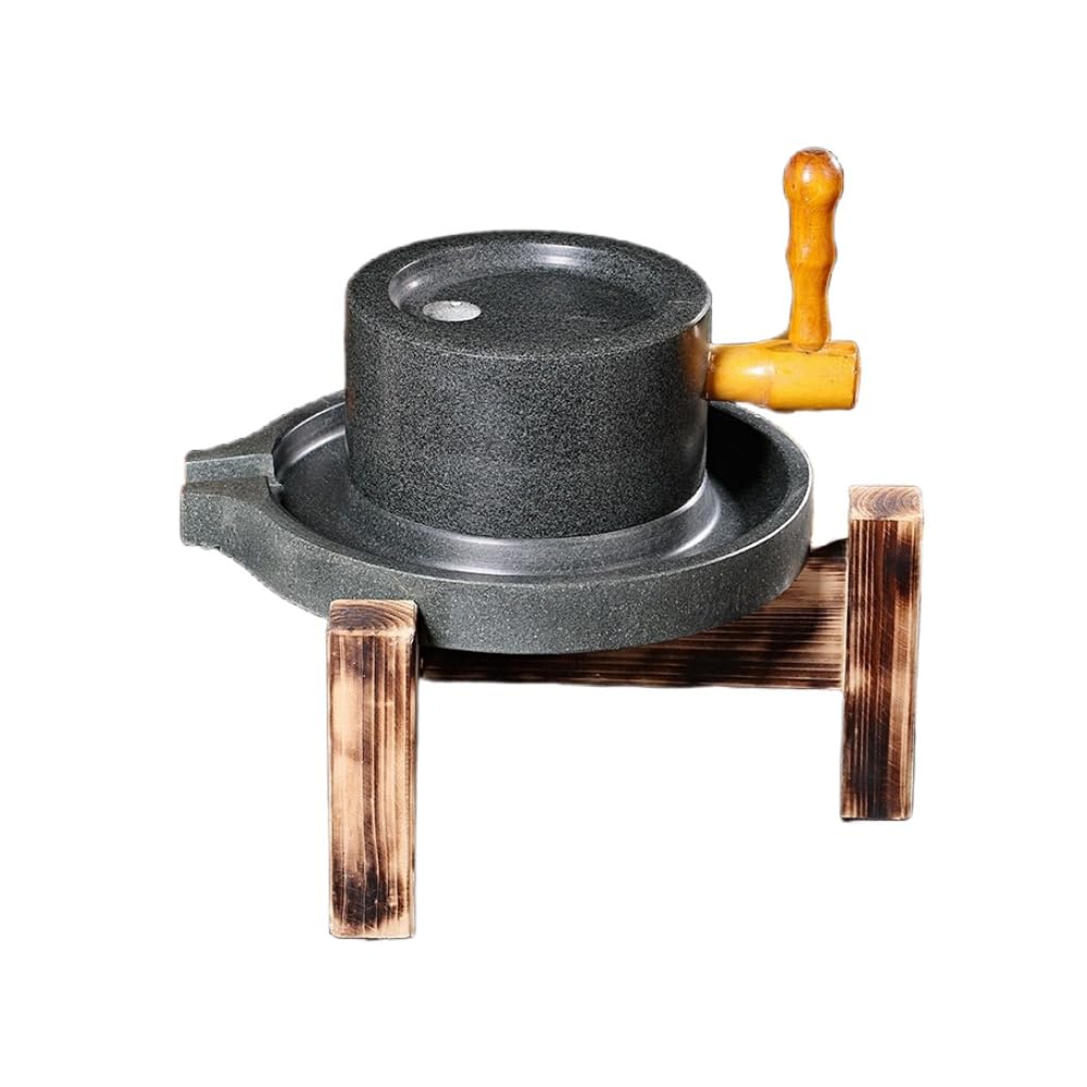 石臼天然石ミル石臼製粉機、手作り五穀米ペースト大豆粉小麦茶そば米粉ターメリック家庭用ミニ石臼ロータリー石臼 (石臼+木枠,グレー)