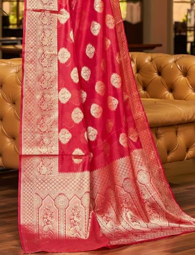 Image of SWORNOF Women's kanjivaram banarasi silk saree Zari Woven for festival Wedding silk with rich pallu Design sarees for women with Unstitched blouse piece (RED)
