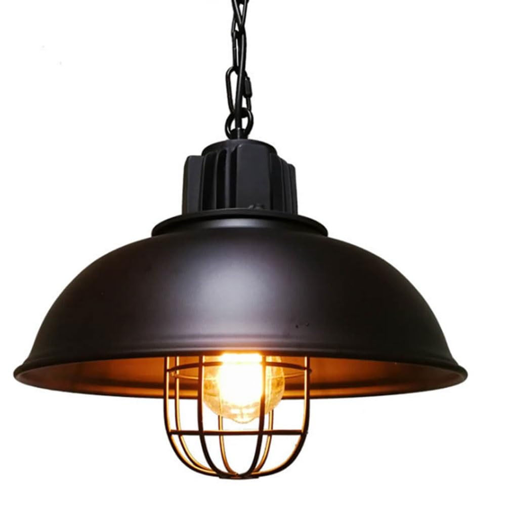 BLOOHK Industrial Pendant Light with Metal Cage, Matte Black Dome Barn Light, Rustic Farmhouse Hanging Chandelier for Kitchen Island, Dining Room, Entryway(Black)