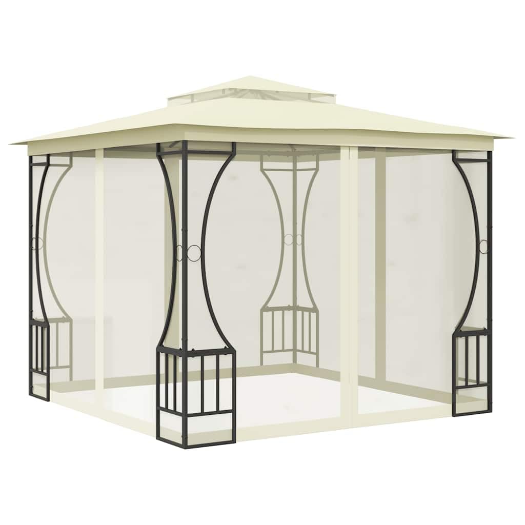 pawilon ogrodowy z siatką, 300 x 300 x 265 cm, kremowa, stalowa rama, namiot imprezowy, namiot imprezowy z odpornym na promieniowanie UV poliestrowym dachem, zdejmowane panele boczne