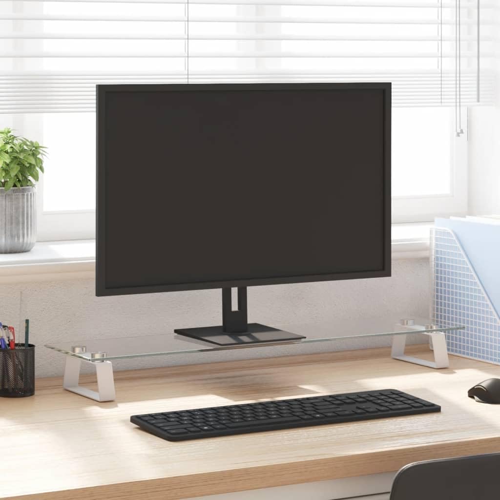 Soporte para monitor blanco, 80 x 20 x 8 cm, cristal templado y metal, bandeja para teclado para ordenador portátil, soporte de escritorio ergonómico para oficina, oficina en casa, estación