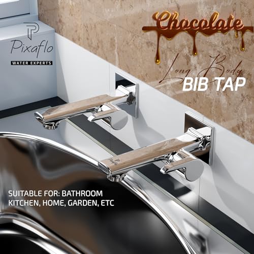 Image of Pixaflo Chocolate Brass Long Body Bib Cock Tap Combo with Wall Flange, Pack of 2, Chrome Finish