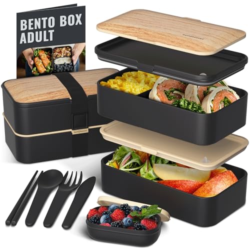 Premium Bento Lunch Box in 8 Modern Colors, 2 Compartments, Leak-proof, Includes Sauce Container, Divider, Cutlery & Chopsticks, 40oz Japanese Bento Box for Adults & Kids, Microwave-& Dishwasher-safe