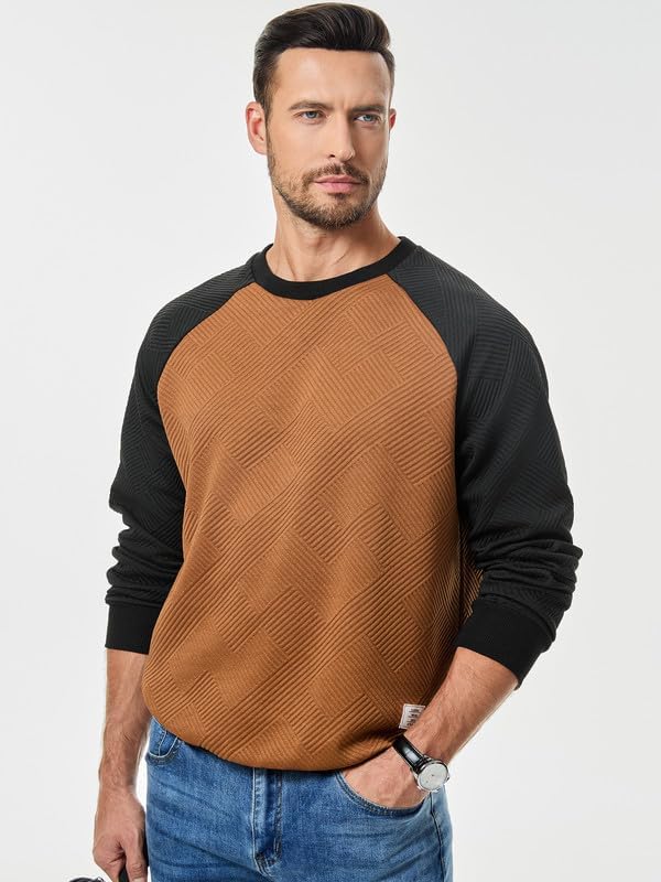 Men's Fall Crewneck Sweatshirts Patchwork Long Sleeve Geometric Texture Casual Pullover Shirt3