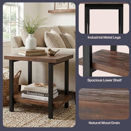 Image of Alaterre Furniture Pomona Solid Wood 2-Tier End Table, Rustic Brown, 27 inch | Side Table or Nightstand with Storage Shelf and Metal Legs, Industrial Farmhouse Chair Side Table for Living Room or Bedroom