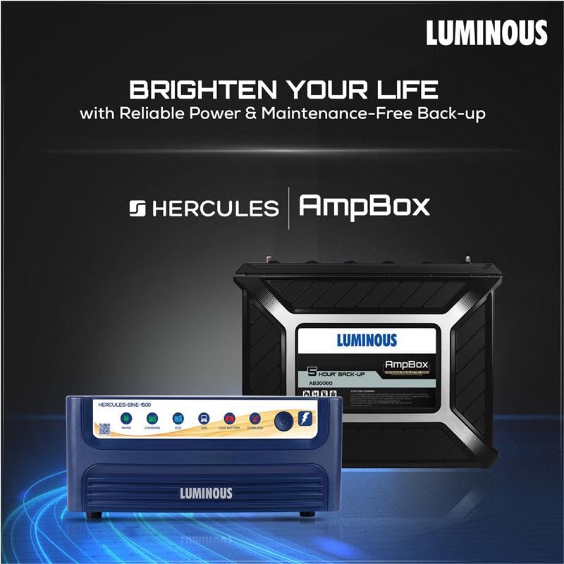 Image of Luminous Inverter & Battery Combo for Home, Office & Shops | Hercules Sine Pro 1500 (1400VA /12V) Pure Sine Wave Inverter | AB30060 5Hr Backup Gel Battery | 36M Inverter & 60M Battery Warranty