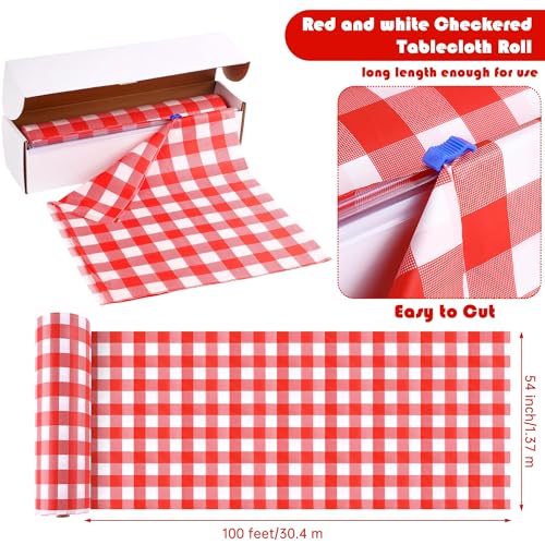 Image of Kochorie 54 Inch x 100 Ft Red Checkered Plastic Table Cloth Roll Disposable Waterproof Table Cover Plastic Table Cover Roll with Easy Slide Cutter for Outdoor Picnic /Home Dining /Summer Party