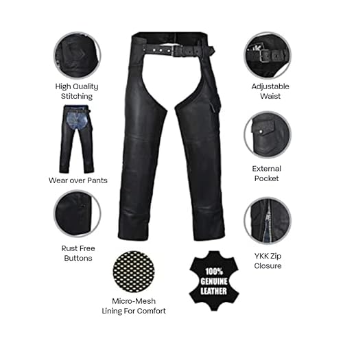Hwk Motorcycle Leather Chaps For Men And Women, Black Motorcycle Chaps For Road Rash Protection And All-Weather Comfort, Cowboy Chaps For Enduro Motorsport Motorbike Riding, Waist 34'' #TOP1