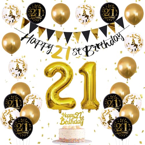 Image of Jobkoo 21st Birthday Decorations Him Her, Black Gold 21 Birthday Party Decor Golden Black 21st Balloons 21 Cake Topper Gold Happy 21st Banner for 21 Year Old Party Supplies