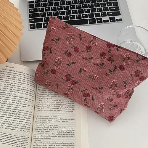 Makeup bag for Women, Flower Cosmetic Bags Zipper Pouch, Large Capacity Corduroy Makeup Bag, Travel Toiletry Bag Organizer for Women and Girls (Flower-M)3