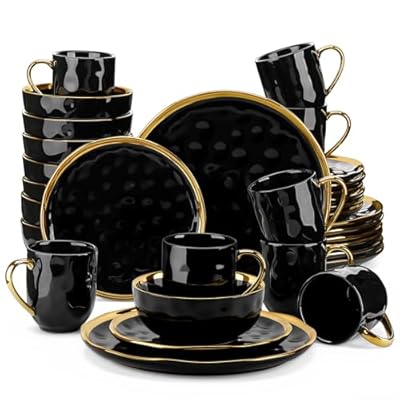 LOVECASA Black and Gold Dinnerware Sets, Stoneware Dishes Set for 8, 32 Piece Plates and Bowls Sets, Handmade Dinner Set with Gold Trim, Dishwasher Safe