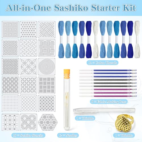 Kit de bordado sashiko con 18 plantillas y 12 hilos de algodón miniatura 3