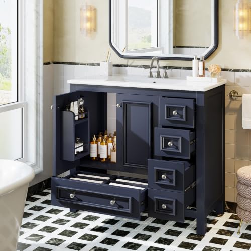 Image of Tribesigns 36 inch Bathroom Vanity with Sink, Freestanding Bathroom Vanities Cabinet with Ceramic Basin Combo, Bathroom Sink Cabinet with 2 Doors and 1 Drawer, Solid Wooden Frame (Navy Blue, 36 INCH)