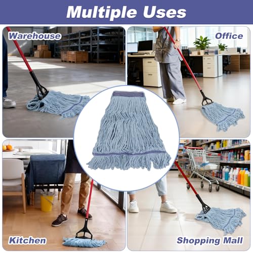 Image of Commercial Heavy Duty Mop Heads Replacement: 6 Pack Industrial Wet Reusable Mop Head for Floor Cleaning, Washable Refills Blue Cotton Looped End String Mopheads for General Maintenance