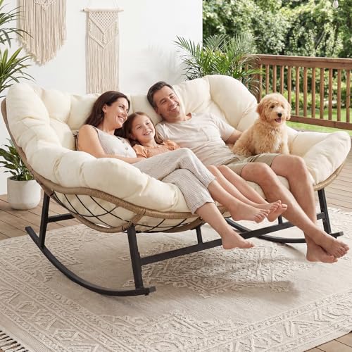 Image of NICESOUL Oversized Double Rocking Papasan Chair with Thick Cushion, 2 Person Big Wicker Outdoor Comfy Recliner, Extra Large Heavy Duty Egg Loveseat for Patio, Balcony, Backyard, Garden, Beige