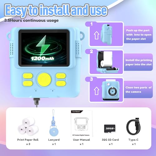 Image of ESOXOFFORE Kids Camera Instant Print, Christmas Birthday Gifts for Kids Age 3-12, Selfie Digital Camera with 1080P Videos,Toddler Portable Travel Toy for 4 5 6 7 8 9 Year Old Boys Girls-Blue