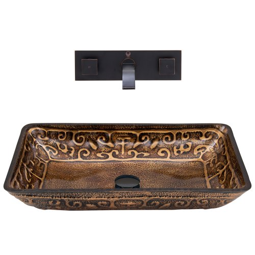 New Deal VIGO Rectangular Golden Greek Glass Vessel Bathroom Sink and Titus Wall Mount Faucet with Pop Up, Antique Rubbed Bronze