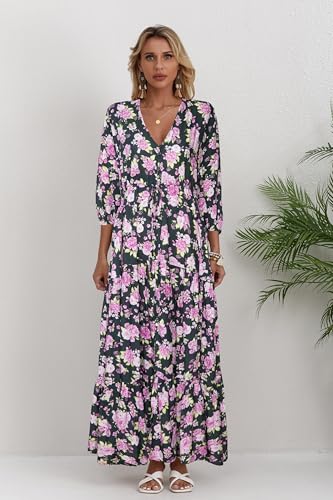 Image of Womens Boho Maxi Dress V Neck Short Sleeve Floral Print Sundress | Drawstring Waist, Flexible Fit, Breathable Loose Hem, Lightweight, Cool Summer Beachwear, Machine Washable.