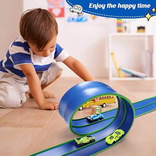 Image of Flexible Race Car Track 15 Ft Starter Set with Suction Cups Compatible with Diecast 1 /64th Car for Ages 3 & Up Track Long Rolls Up Portable Racetrack