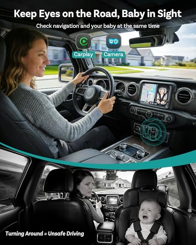 Image of OTTOCAST Cabin Care Baby Car Camera with Wireless CarPlay Adapter, 1080P HD Baby Monitor with IR Night Vision, 150 Wide Angle, Real-Time Rear Seat View On Car Screen, Easy Install