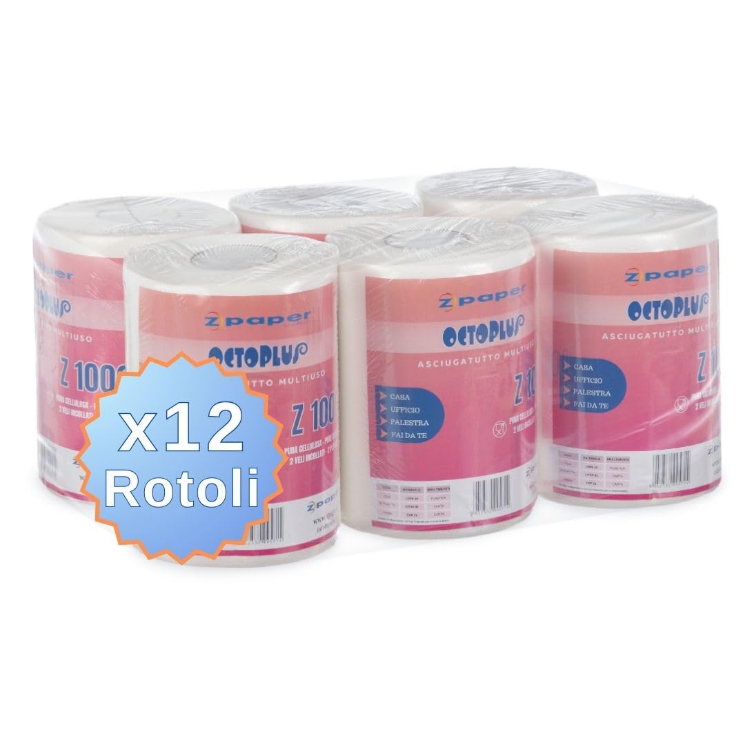 ZPAPER - 12 Rotoli Asciugatutto - Rotoloni Asciugatutto carta multiuso. Pura Cellulosa, 2 Veli, Anima a Spirale. Bobine carta asciugatutto