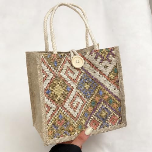 Bolsa de mão feminina casual de juta bordada personalizada bolsa bento reutilizável sacolas de compras