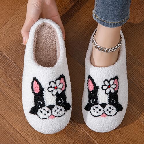 Dog Slippers Winter Fluffy Plush Slippers Animals Cute Cartoon French Bulldog Pattern Cuddly Warm House Shoes Indoor Outdoor Girls Women Men(36/37 EU, White)2