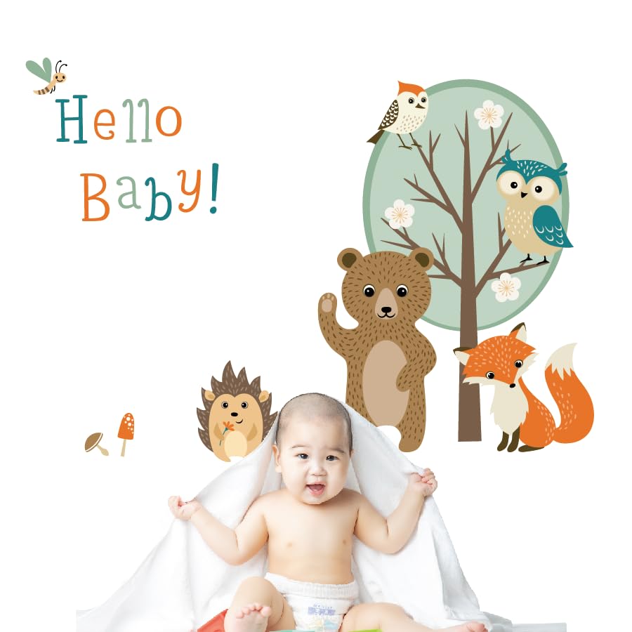 Image of Woodland Animal Wall Stickers for Kids Room | Cute Forest Bear, Fox, Owl & Hedgehog Decals | Peel & Stick Nursery Wall Decor | Tree Stickers for Playroom Bedroom Classroom | Sheet (40x60 cm)