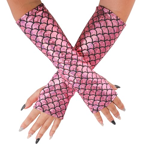 Mikovivi Guantes de Sirena, Mangas Brazo Escamas Pescado Tela Bronceadora Mangas Brazo Escamas Pescado con Brillo Sirena Guantes Sin Dedos con Brillo Moda Accesorios Carnaval Halloween(Rosa)