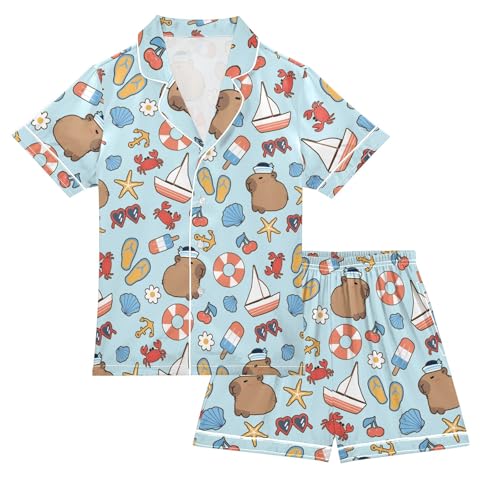 Cartoon Sailor Capybara Summer Satin Pajama Set, Cute Button-Down Sleepwear Pj Set for Sleep Wears