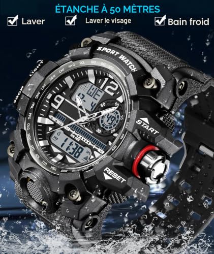 findtime Montre militaire pour homme de style sport, montres tactiques de l'armée étanches pour le plein air, montre-bracelet numérique analogique avec alarme lumineuse LED, chronomètre, minuteur – vue 4