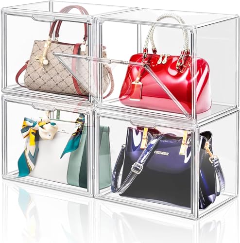 BAOLY 4PCS Clear Handbag Storage Organizer Stackable Bag Organizer Purse & Handbag Acrylic Display Case with Magnetic Door Stylish Storage Bins for Wallet Book Figure Toy