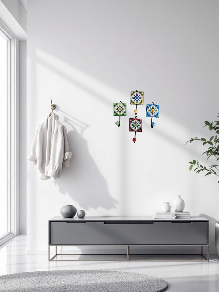 JGARTS Set of 4 Mixed Ceramic, Vintage Shabby Chic Look Coat, Clothes, Jewelry and Key Hooks for Wall or Door, Beautiful Hangers in Yellow Red Sky Blue Green Color Design 04