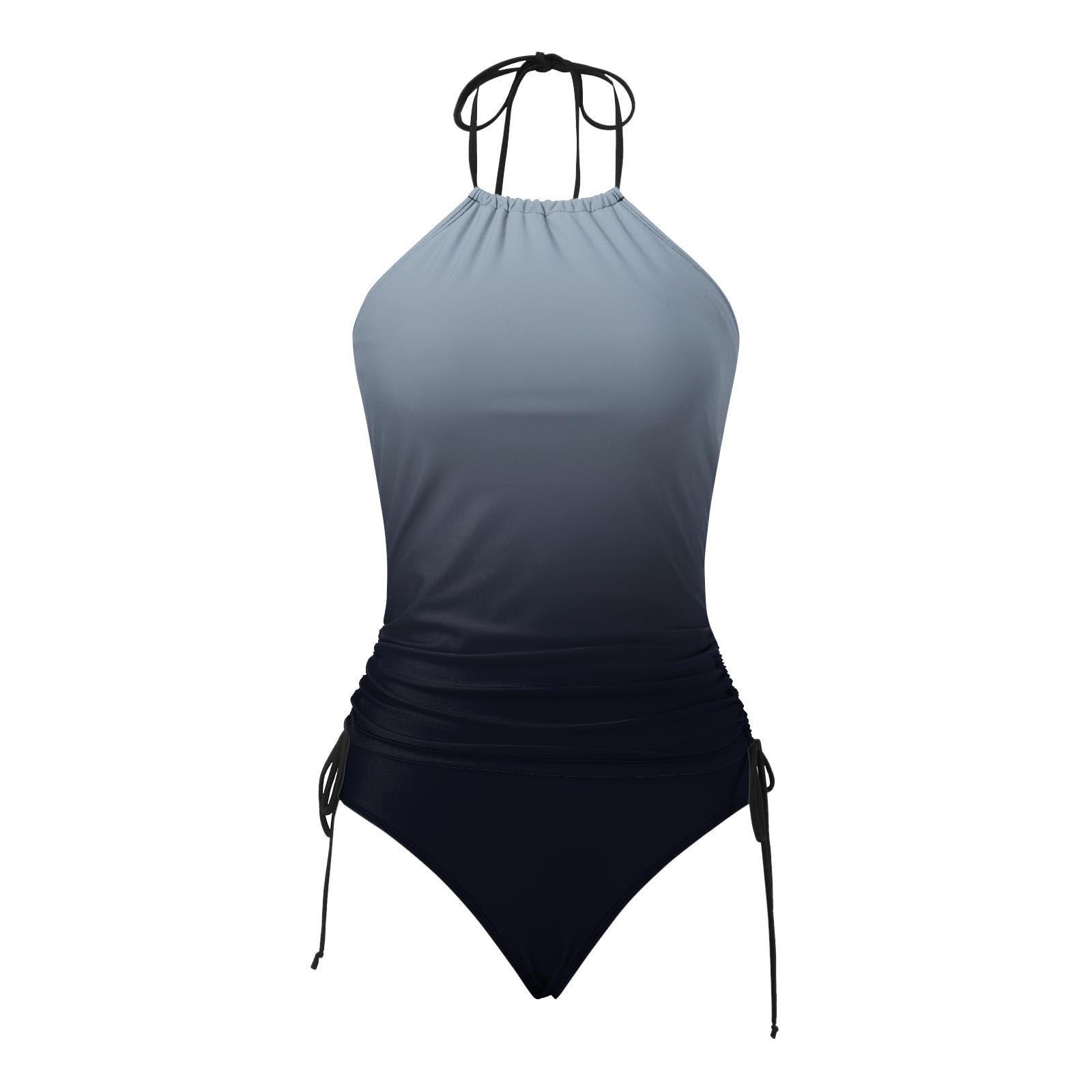 Traje de baño tankini de verano de dos piezas para mujer, cuello alto, control de abdomen, con cordón lateral, fruncido, estampado de teñido anudado con parte inferior triangular, ropa de playa