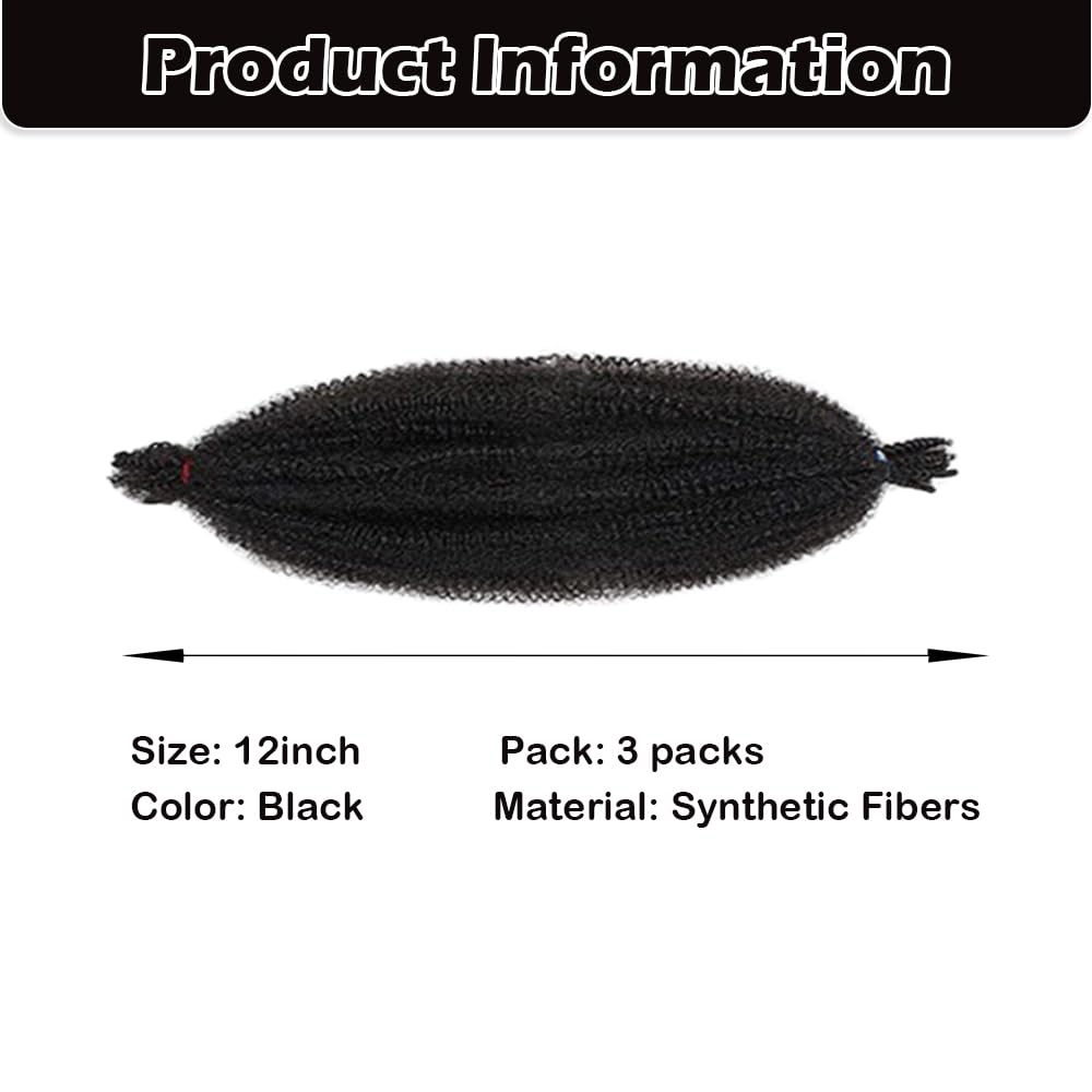 Soft Twist Hair 3 Packs Afro Kinky Curly Hair Extensions 12 Inch Pre Fluffed Kinky Hair with Crochet Hair Extensions for Marley Curly Braiding Hair Extensions for Jumbo Twists Braiding Hair Black - Image 2