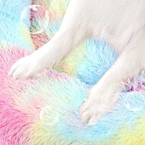 Image of ZEXSAZONE Summer Rainbow Plush Dog Bed - Anti-Anxiety Round Donut Pet Bed with Raised Edges | Soft Faux Fur Calming Bed for Puppies, Cats & Small Dogs | Machine Washable