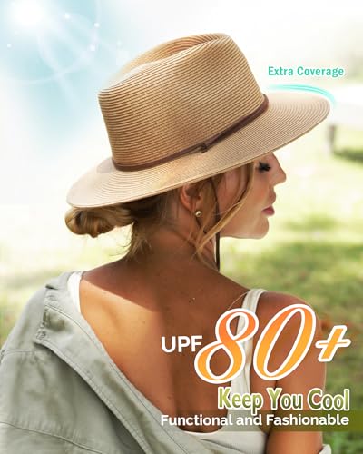 Furtalk Womens Summer Straw Sun Hats Wide Brim Panama Fedora Beach Hat With Wind Lanyard Upf 80+ Khaki thumb #6
