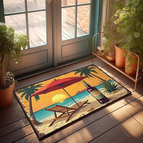 FZFN Paillasson d'extérieur Campari Coucher de soleil Plage Relaxation Scène avec palmiers et salon Paillasson Homme Stuff Man Cave Meubles (40 x 60 cm)