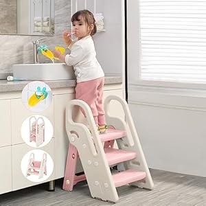 Onasti Foldable Toddler Step Stool for Bathroom Sink Adjustable 3 Step Stool for Kids Toilet Potty Training Stool with Handles Child Kitchen Counter Stool Helper Plastic Ladder for Toddlers Pink