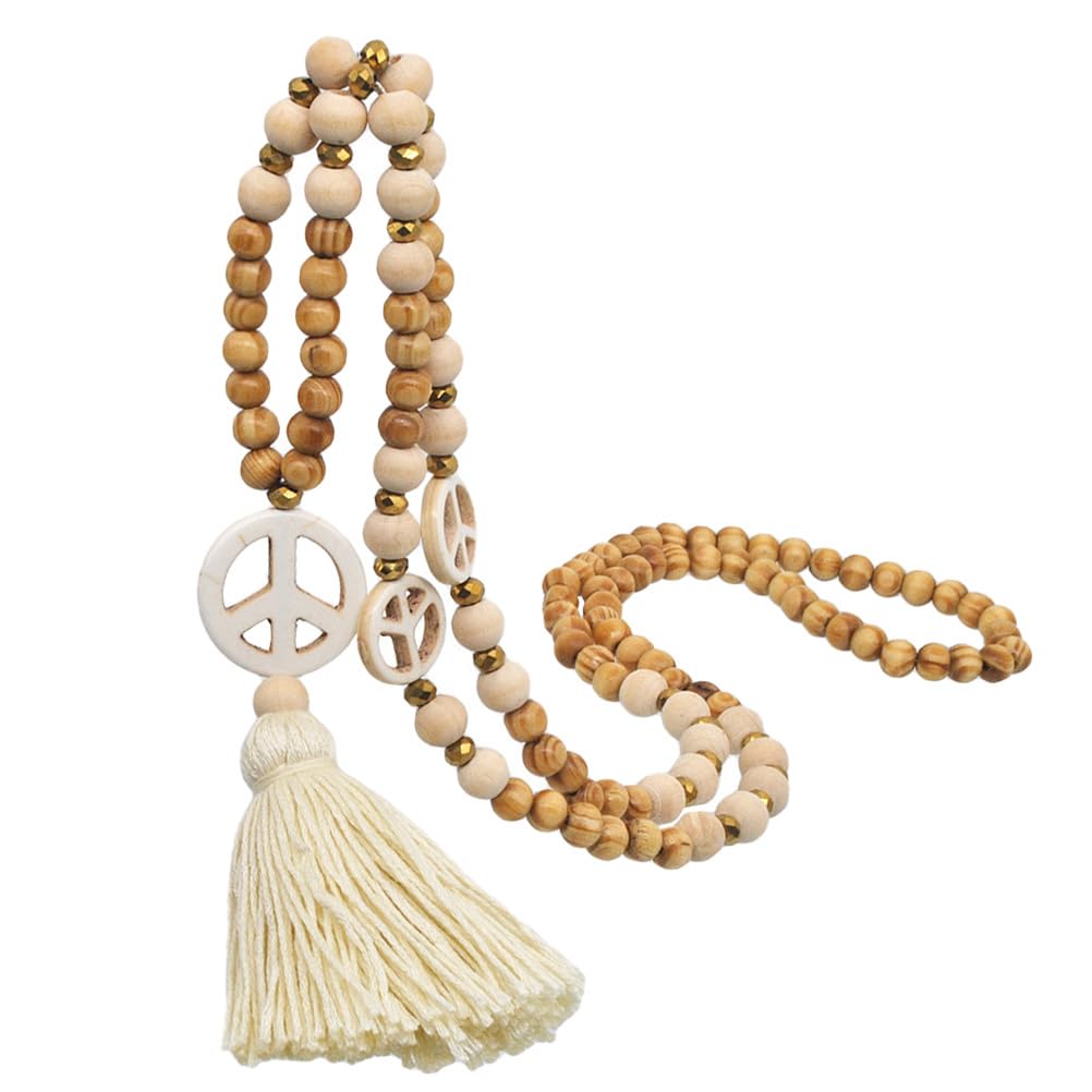 DEARMAMY Halskette Mit Quaste Und Holzperlen Friedenszeichen Anhänger Für Damen Boho Stil Ideal Layering Kette Perfekte Geschenkidee Für Frauen Zarte üßwasserperlen Und Charmante