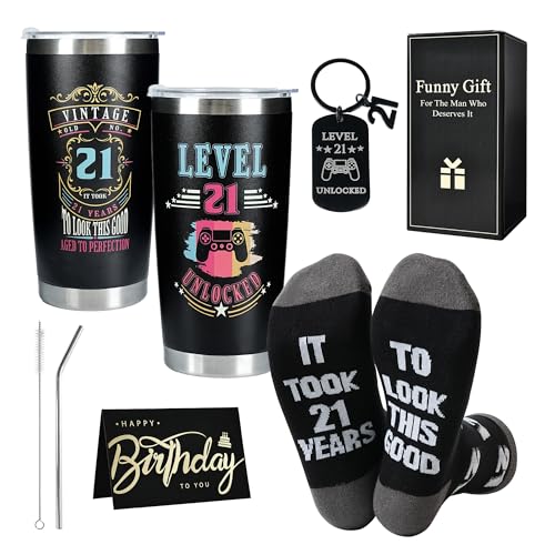 Merclix 21st Birthday Gifts for Men Keepsake Gift Set Funny Sock 9-11 Keyring Card 20oz Mug with Straw Unusual 21st Birthday Gifts for Him Son Grandson Nephew Brother Ideas